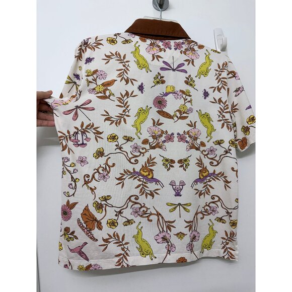 Tory Burch Ivory Rabbit Field Printed Mercerized Polo T Shirt Floral Bunny M - Picture 12 of 15